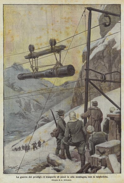 La guerra de los prodigios, el transporte de piezas en alta montaña, con teleféricos de Achille Beltrame