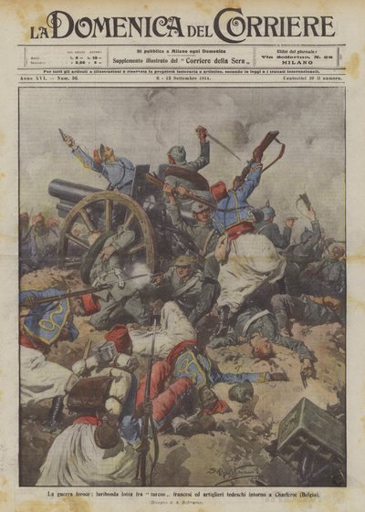 La guerra feroz, furiosa lucha entre turcos franceses y artilleros alemanes alrededor de Charleroi (Bélgica) de Achille Beltrame