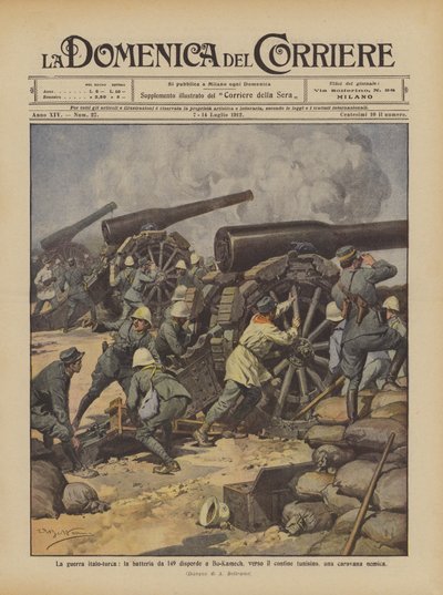 La guerra italo-turca, la batería de 149 dispersa en Bu-Kamech, cerca de la frontera tunecina, una caravana enemiga de Achille Beltrame