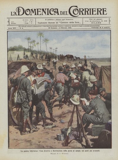 La guerra italo-turca, la llegada y distribución del correo en el campo, en los puestos más avanzados de Achille Beltrame
