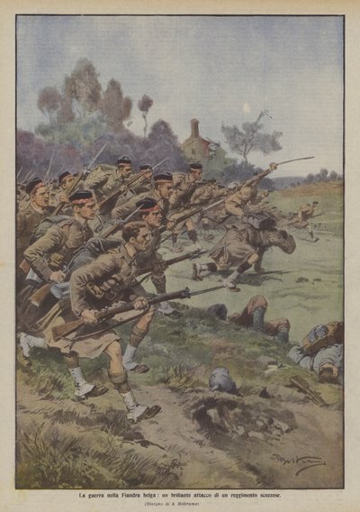 La guerra en Flandes belga, un brillante ataque de un regimiento escocés de Achille Beltrame