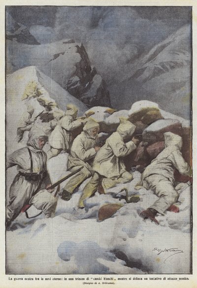 Nuestra guerra entre las nieves eternas, en una trinchera de camisas blancas mientras se perfila... de Achille Beltrame