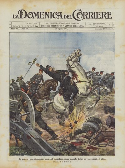 La guerra ruso-japonesa, muerte del comandante ruso general Keller por una explosión de obús de Achille Beltrame