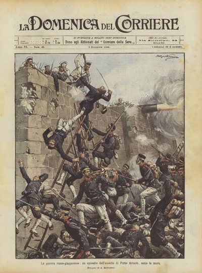 La guerra ruso-japonesa, un episodio del asedio de Puerto Arturo, bajo las murallas de Achille Beltrame