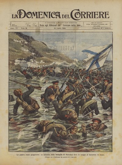 La guerra ruso-japonesa, un episodio de la batalla de Nan-shan donde las tropas lucharon en el agua de Achille Beltrame