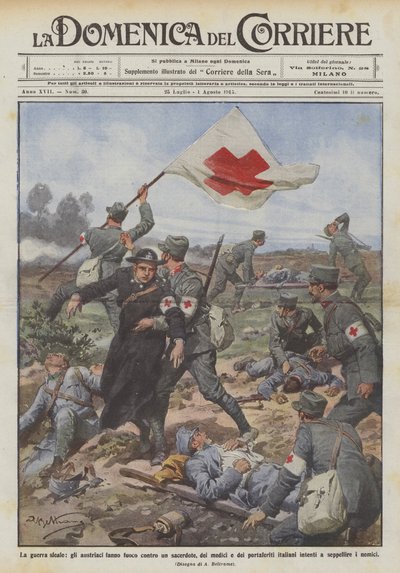 La guerra desleal, los austriacos disparan contra un sacerdote, médicos y camilleros de Achille Beltrame