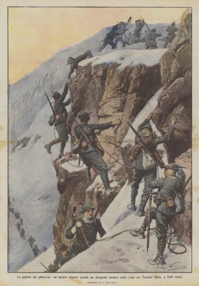 La guerra en los glaciares, una de nuestras unidades ataca a un grupo enemigo en la cima del Tuckett Spitz, a 3469 metros de Achille Beltrame