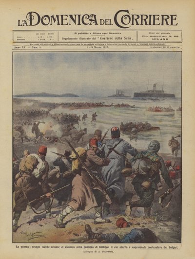 La guerra, tropas turcas enviadas como refuerzo a la península de Gallipoli cuyo desembarco de Achille Beltrame