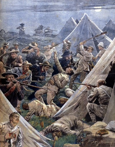La guerra de los Bóeres o guerra del Transvaal en Sudáfrica: los bóeres atacan un campamento inglés en Tweenfontein (Ilustración de Beltrame, La Domenica del Corriere, 1902) de Achille Beltrame