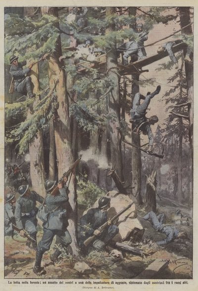 La lucha en los bosques, un asalto de los nuestros a una de las estructuras de emboscada de Achille Beltrame