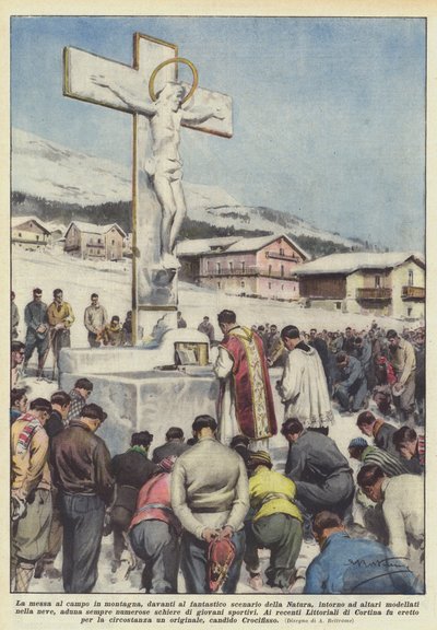 La misa en el campo en la montaña, ante el fantástico escenario de la Naturaleza, alrededor de altares de Achille Beltrame