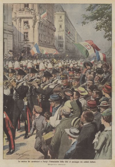 La música de los carabineros en París, el entusiasmo de la multitud al paso de los soldados italianos de Achille Beltrame