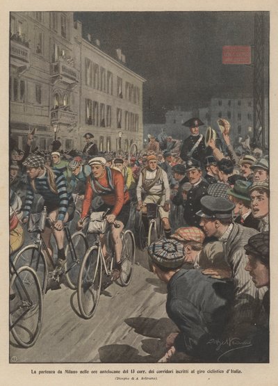 La partida de Milán en las horas previas al amanecer del 13 de los corredores inscritos en el giro ciclista de Italia de Achille Beltrame