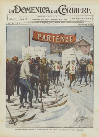 La primera caravana italiana de turismo invernal en el Spluga, competencias nacionales de esquí en Madesimo de Achille Beltrame