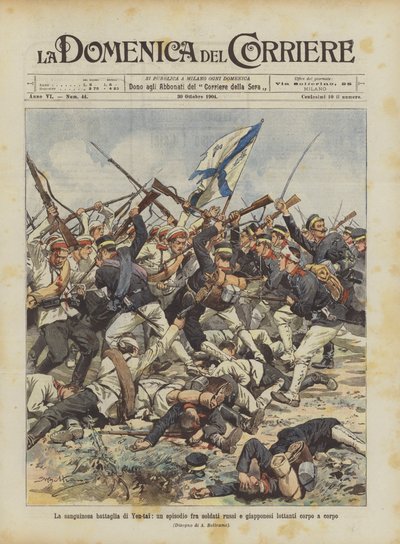 La sangrienta batalla de Yen-tai, un episodio entre soldados rusos y japoneses luchando cuerpo a cuerpo de Achille Beltrame