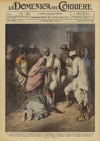 La escena del arresto de Gandhi en Bombay de Achille Beltrame