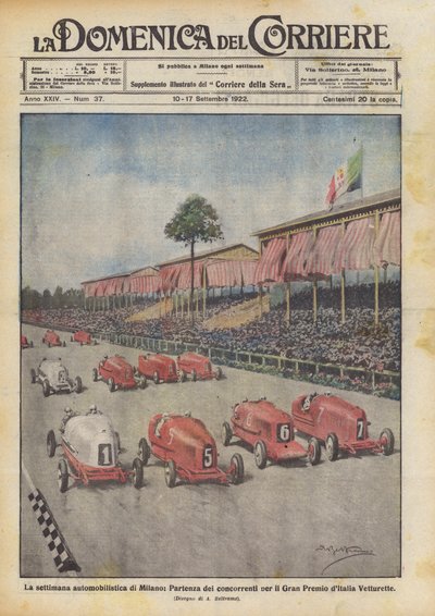 La semana automovilística de Milán, salida de los concursantes para el Gran Premio de Italia Vetturette de Achille Beltrame