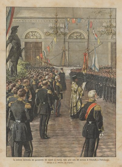 La solemne ceremonia del juramento de los cadetes de marina, en la gran sala del palacio de Peterhof, en San Petersburgo de Achille Beltrame