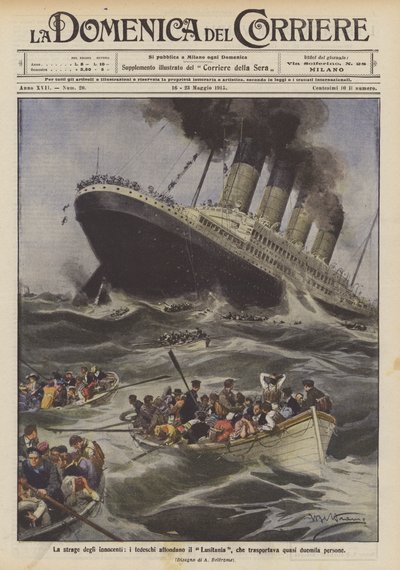 La masacre de los inocentes, los alemanes hunden el Lusitania, que transportaba casi dos mil personas de Achille Beltrame