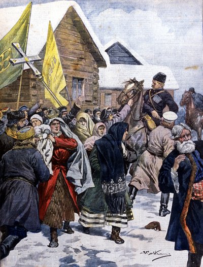 La superstición en Rusia: la policía intenta dispersar la secta de los nuevos cristianos. Ilustración de Beltrame. La Domenica del Corriere. 1901. de Achille Beltrame