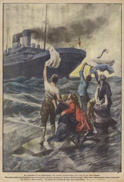La tragedia de seis americanos, a la deriva en el Océano, sobre los restos de un hidroavión de Achille Beltrame