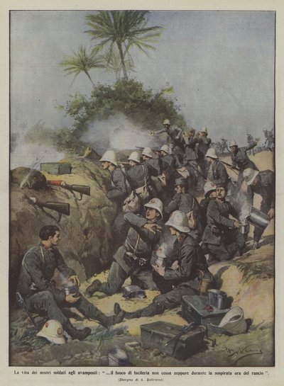 La vida de nuestros soldados en los puestos avanzados, el fuego de fusilería no cesa ni siquiera durante de Achille Beltrame
