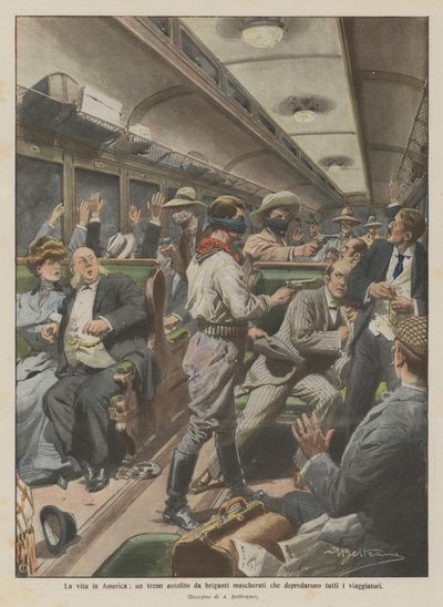 La vida en América, un tren asaltado por bandidos enmascarados que despojaron a todos los viajeros de Achille Beltrame