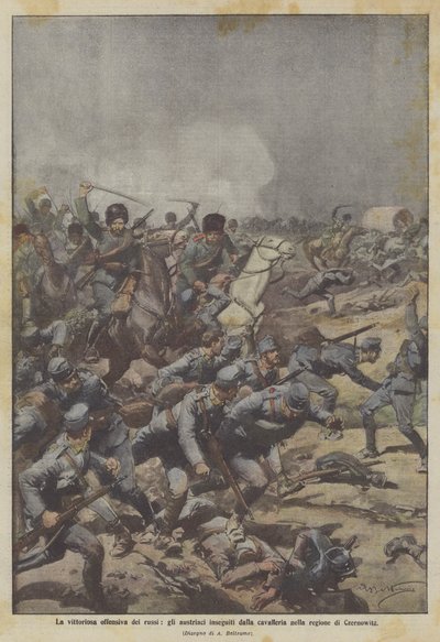 La victoriosa ofensiva de los rusos, los austriacos perseguidos por la caballería en la región de Czernowitz de Achille Beltrame