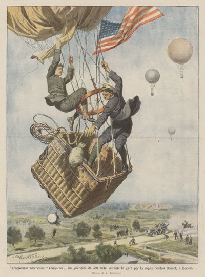 El aerostato americano Conqueror que cae desde 300 metros durante la carrera por la copa Gordon Bennet, en Berlín de Achille Beltrame