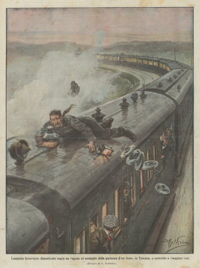 Lamparista ferroviario olvidado sobre un vagón al momento de la partida de un tren, en Toscana de Achille Beltrame