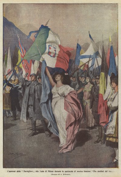 La apoteosis de La Marsellesa en La Scala de Milán durante el espectáculo de música francesa Pro mutilados del rostro de Achille Beltrame