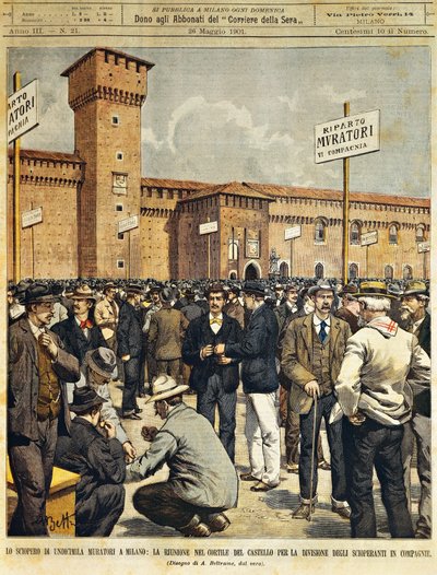 Huelga de constructores a gran escala en Milán: Reunión pública en el gran patio del Castillo Sforzesco, por Achille Beltrame, de La Domenica del Corriere, 26 de mayo de 1901 de Achille Beltrame