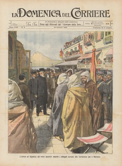 La llegada a Algeciras del tren especial que lleva a los delegados europeos a la Conferencia para Marruecos de Achille Beltrame