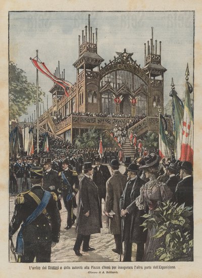 La llegada de los Soberanos y las autoridades a la Plaza de Armas para inaugurar la otra parte de la Exposición de Achille Beltrame