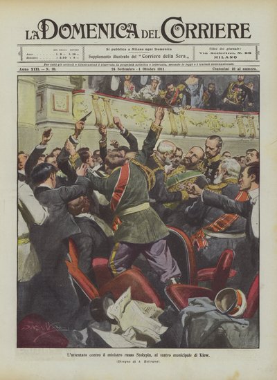 El atentado contra el ministro ruso Stolypin, en el teatro municipal de Kiev de Achille Beltrame