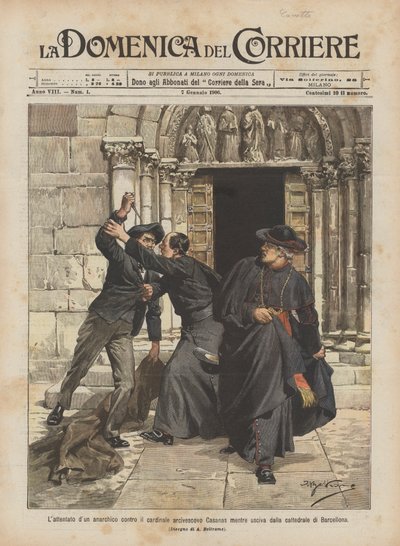 El atentado de un anarquista contra el cardenal arzobispo Casanas mientras salía de la catedral de Barcelona de Achille Beltrame