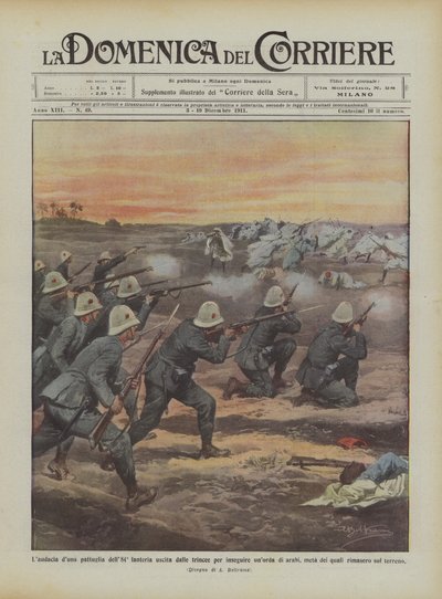 La audacia de una patrulla del 84º de infantería que salió de las trincheras para perseguir a una horda de árabes de Achille Beltrame