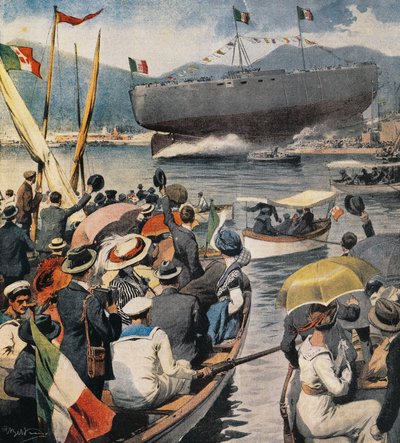Botadura del acorazado Andrea Doria desde el Arsenal en La Spezia, panel de Achille Beltrame, La Domenica del Corriere, 6 de abril de Achille Beltrame
