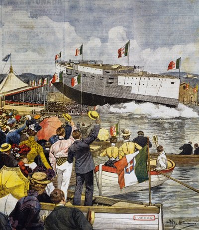 Botadura del acorazado Regina Margherita en La Spezia, panel de Achille Beltrame (1871-1945), La Domenica del Corriere, 9 de junio de Achille Beltrame