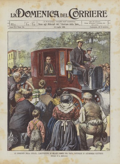 Los logros de la civilización, el arzobispo de Milán realiza una visita pastoral en automóvil eléctrico de Achille Beltrame