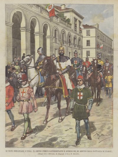 Las fiestas bimilenarias de Ivrea, el cortejo histórico representando el regreso del Rey Arduino de de Achille Beltrame