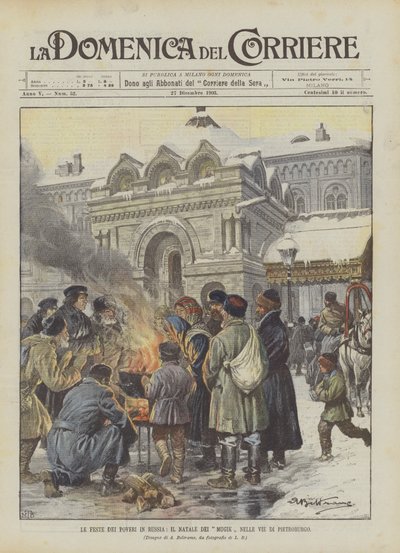 Las fiestas de los pobres en Rusia, la Navidad de los mujiks en las calles de San Petersburgo de Achille Beltrame