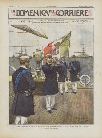 Las grandes maniobras navales en el golfo de Gaeta, el duque de Génova estudia las diversas fases desde el bordo de la Savoia de Achille Beltrame