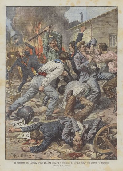 Las tragedias del trabajo, obreros italianos asaltados en Hungría por celos laborales de Achille Beltrame