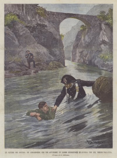 Las víctimas del deber, un carabinero que, para atrapar a un ladrón que se le escapó, se ahoga con él, cerca de Pallanza de Achille Beltrame