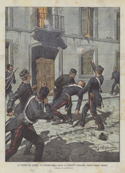 Las víctimas del deber, un episodio de la caza al bandido Varsalona, cerca de Termini Imerese de Achille Beltrame