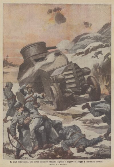 Las armas modernísimas, un automóvil blindado nuestro sorprende y dispersa a un grupo de exploradores austriacos de Achille Beltrame