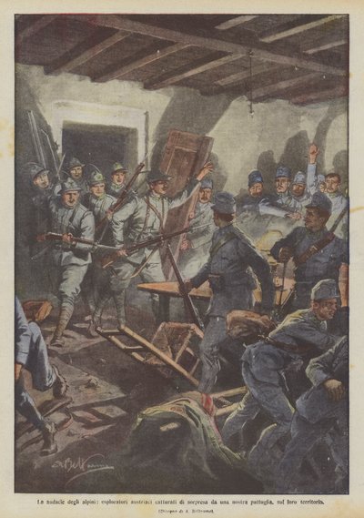 Las audacias de los alpinos, exploradores austriacos capturados por sorpresa por una patrulla nuestra, en su territorio de Achille Beltrame