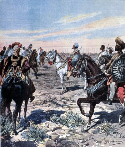El capitán Mozzetti en el campamento del Ras Makonnen (Mekonnen Welde Mikael) (Abba Qagnew) (1852-1906) en Etiopía. Ilustración de Beltrame. La Domenica del corriere. 1899 de Achille Beltrame