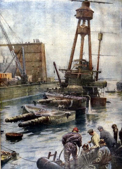 El acorazado alemán Hindenburg, hundido en Scapa Flow en Escocia, vuelve a la superficie gracias a la flota inglesa después de 7 años en el fondo del océano (Ilustración de Beltrame, La Domenica del Corriere) de Achille Beltrame